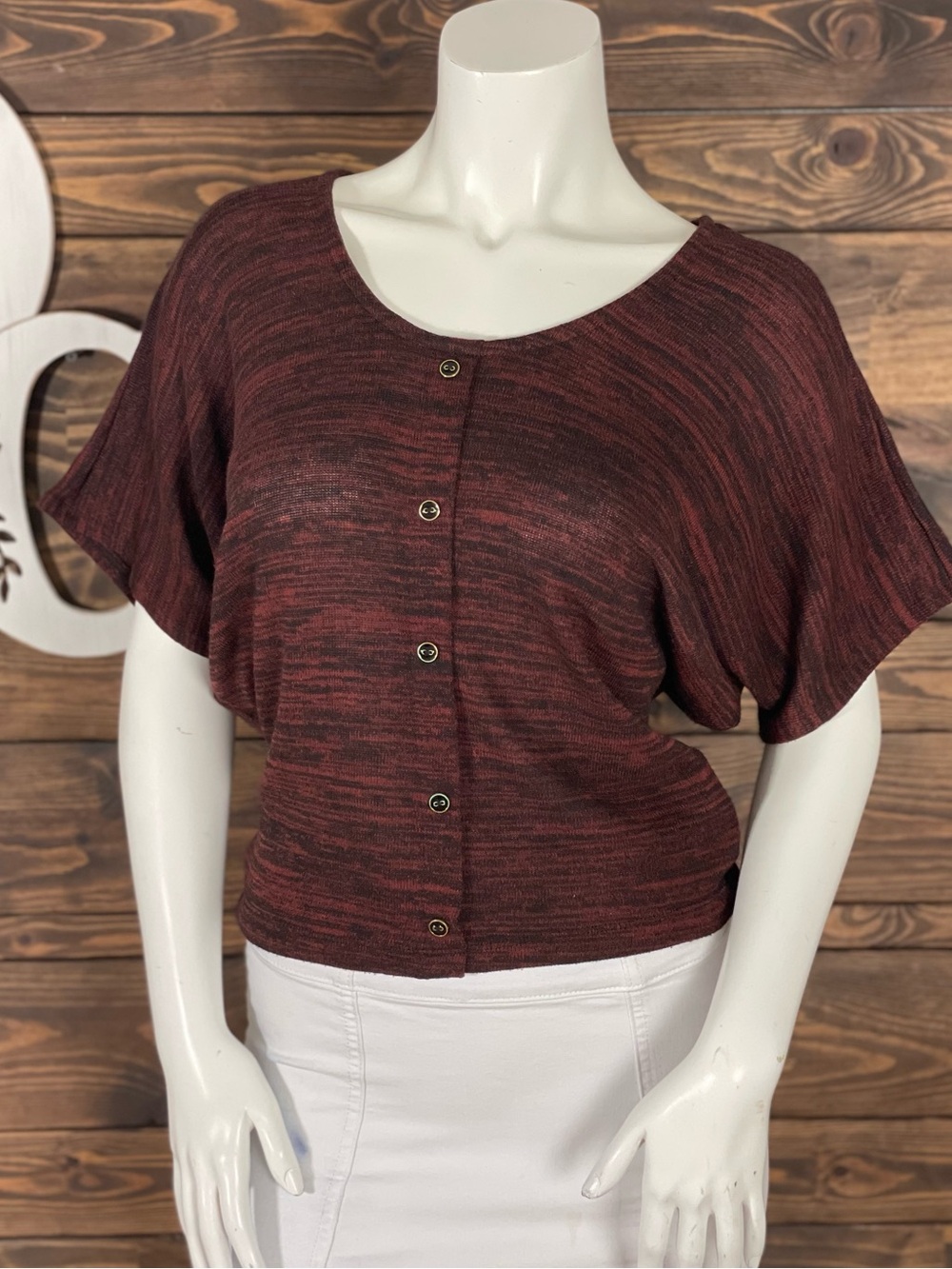 Poetry Marled‎ Wine Faux Button-Front Knit Short Sleeve TopDolman Batwing Sleeve